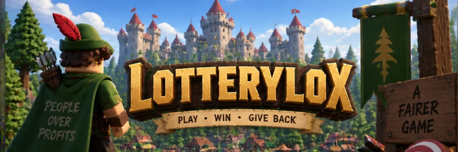 LotteryLox banner artwork: the LotteryLox wordmark carved in gold over a forest village below a turreted castle, with a lettered wooden sign at the right edge