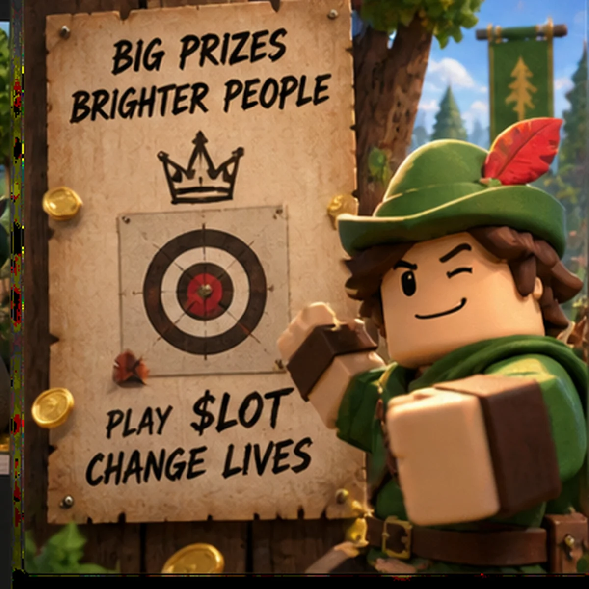LotteryLox poster artwork: the archer stands beside a wooden notice board holding an archery target and a drawn crown. The board's hand-painted lines are part of the artwork rather than the site's own text.